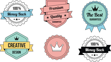 Collection of vintage style badges and labels with crowns and ribbons