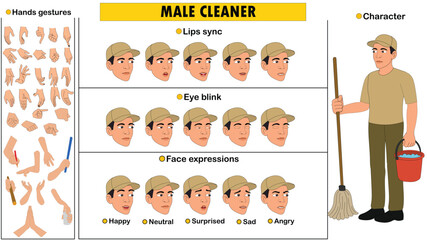 Cartoon vector male cleaner model sheet including eyes blink, lip sync, face expressions and hands gestures