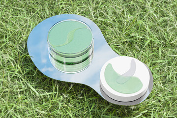 Under Eye Patches packaging mockup, Hydrogel eye mask in clear cylindrical Container with white plastic screw lid, luxury anti-wrinkle product, round skincare cream jar packaging container