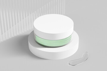 Under Eye Patches packaging mockup, Hydrogel eye mask in clear cylindrical Container with white plastic screw lid, luxury anti-wrinkle product, round skincare cream jar packaging container