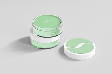 Under Eye Patches packaging mockup, Hydrogel eye mask in clear cylindrical Container with white plastic screw lid, luxury anti-wrinkle product, round skincare cream jar packaging container