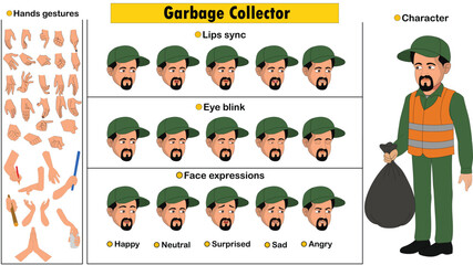 Cartoon vector Garbage collector man full model sheet including eyes blink, lip sync, face expressions and hands gestures © Samiya 