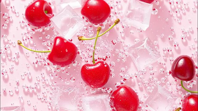Ripe red cherries glistening melting water soft resting near droplets ice with on cubes pink background video 4k
