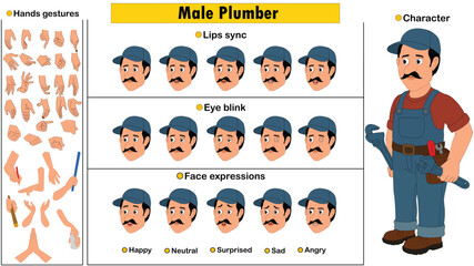 Cartoon vector male plumber full model sheet including eyes blink, lip sync, face expressions and hands gestures