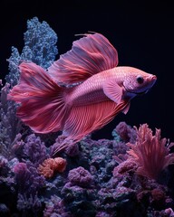 Obraz premium A vibrant pink betta fish gracefully swims among colorful coral in an aquarium setting.