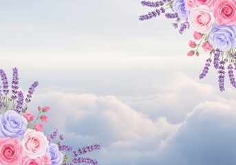 A soft and dreamy floral border of roses and lavender frames a serene sky with gentle clouds