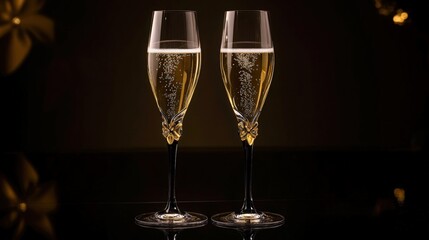 Elegant champagne flutes filled with sparkling beverage, set against a dark background, creating a luxurious atmosphere perfect for celebrations and special occasions