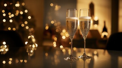 Two elegant champagne flutes filled with sparkling beverage are placed on a reflective surface, surrounded by warm bokeh lights, creating a festive and celebratory atmosphere