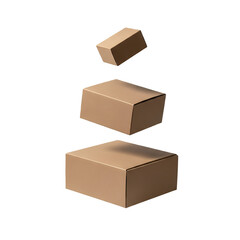 Three Brown Cardboard Boxes Falling in Air for Delivery, Cargo, and Courier Services on White Background