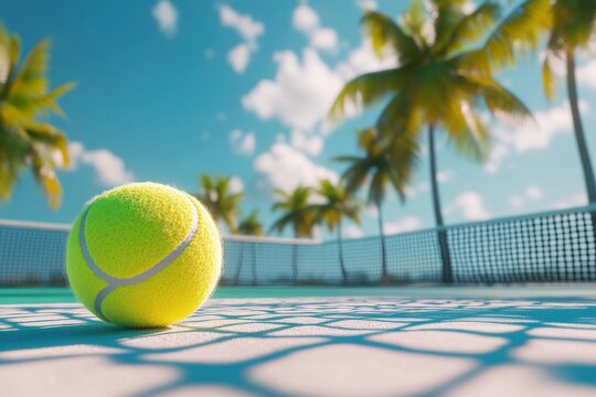 A vibrant yellow tennis ball resting on a sunlit court, with palm trees swaying in the background.