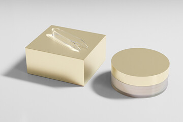 eye patches in translucent jar with golden metallic screw lid, Hydrogel eye mask in frosted glass cylindrical Container, hyaluronic acid patches product, luxury round cosmetic skincare jar mockup