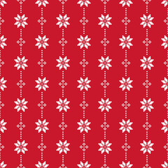Christmas and New Year seamless pattern. White snowflakes on red pixel pattern for winter hat,jumper,sweater, wrapping,fabric,border,rim,carpets, blankets, towels.