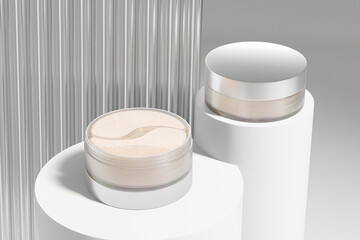 eye patches in translucent jar with silver metallic screw lid, Hydrogel eye mask in frosted glass cylindrical Container, moisturizer under eye patches product, luxury round cosmetic skincare jar