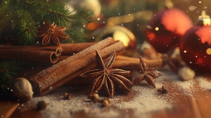 Close-up of aromatic Christmas spices including cinnamon sticks, star anise, and cloves arranged on wooden surface with festive decorations and soft bokeh lights creating a warm holiday atmosphere