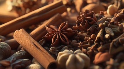 Close-up of assorted Christmas spices including cinnamon sticks, star anise, and cloves arranged beautifully, showcasing rich textures and warm colors for festive culinary inspiration