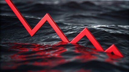 A red downward trend line appears over dark, turbulent water, symbolizing loss or decline in a dramatic and impactful visual.