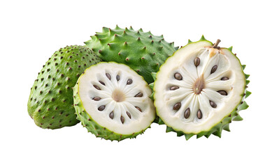 Soursop Still Life Displaying Whole and Sliced Annona Muricata Fruits