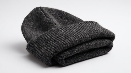 Folded gray beanie against white background