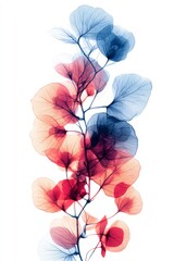 Vertical cluster of delicate blue and red translucent leaves float gracefully for a light, ethereal botanical illustration.