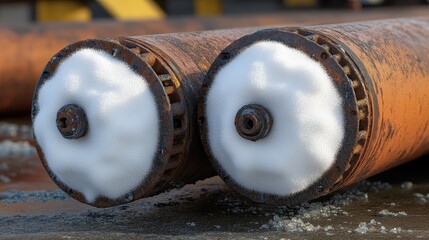 Close-up of Rusty Pipes with Foam on Industrial Surface