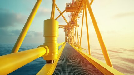 Industrial Yellow Offshore Platform Perspective Over Calm Waters