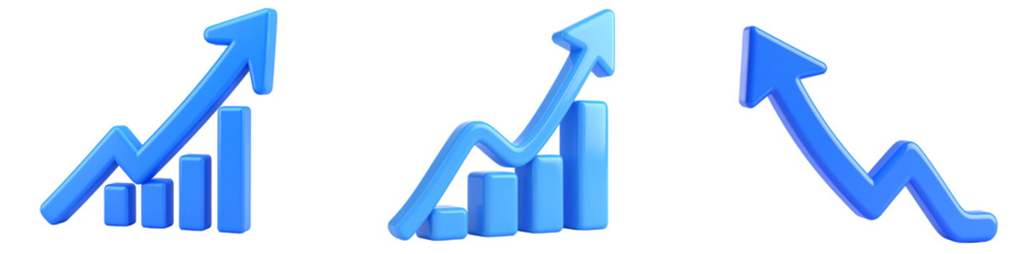 Bar chart graph arrow growth increase decrease blue 3d icon Upward and downward blue 3d bar chart icons with arrows, representing business growth, decline, and financial trends, isolated