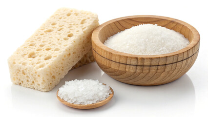 Natural sea salt crystals in wooden bowl with loofah sponge for spa and wellness