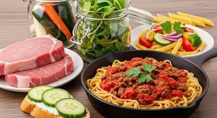 Savoring a delicious spaghetti bolognese with fresh ingredients like raw pork, salad, and pickled vegetables, perfect for culinary inspiration.