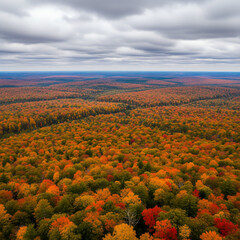 Aerial Autumnal Forest Canopy with Vibrant Orange Red and Green Foliage under Overcast Sky