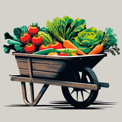 Colorful wheelbarrow filled with fresh vegetables on gray background  