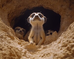 Fototapeta premium Curious meerkat peeks out from its burrow, with fellow meerkats in the background. Desert habitat setting.