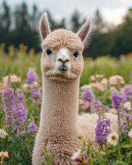 Obraz premium A charming light-colored llama gazes playfully among vibrant wildflowers in a serene meadow.