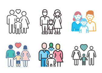 Illustrations of different family unit depictions with one child each parent family
