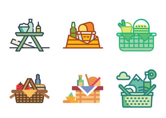 Six Colorful Picnic Sets Depicting Various Food and Beverage Combinations