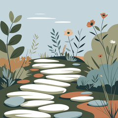 Illustrative pathway through lush garden with colorful flowers and plants  
