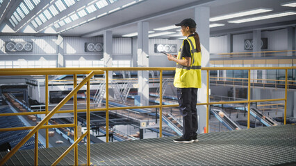 Young Female Standing on a Metal Platform, Using a Tablet Computer at a Post Office Logistics Center. Specialist Working at a Sorting Facility, Configuring the Automation Process
