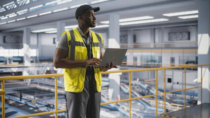 Young Black Man Standing on a Metal Platform, Using a Laptop Computer at a Post Office Logistics Center. African Specialist Working at a Sorting Facility, Configuring the Automation Process