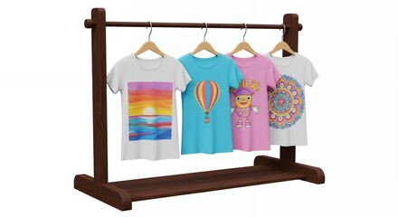 Colorful t shirts displayed on wooden rack