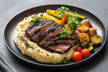 Close-up of a gourmet steak dinner with mashed potatoes and vegetables on a stylish black plate.
