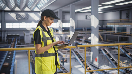Young Female Standing on a Metal Platform, Using a Tablet Computer at a Post Office Logistics Center. Specialist Working at a Sorting Facility, Configuring the Automation Process