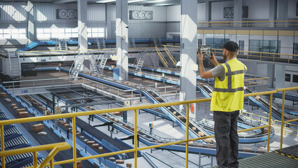 Male in a High Visibility Vest Using Tablet Computer with a Augmented Reality Software. Multiethnic Man Working in a Modern Large Logistics Center with Automated Belt Conveyors for Sorting Packages