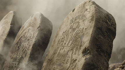 Ancient stone tablets, etched with unknown symbols, shrouded in mist