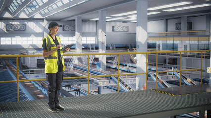 Female Working in a Modern Advanced Logistics Center with Automated Belt Conveyors for Sorting Packages. Young Woman in High Visibility Vest Using Laptop Computer in an Industrial Facility
