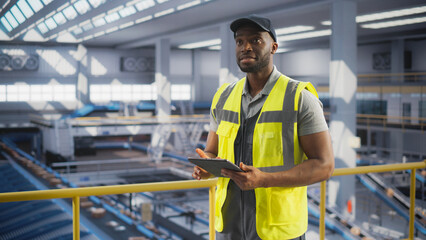 Black Employee Working at a Modern Logistics Center for an International Online Shopping Platform. African Man Using a Laptop Computer to Optimize the Orders Before Deliveries