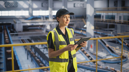 Female Working in a Modern Advanced Logistics Center with Automated Belt Conveyors for Sorting Packages. Young Woman in High Visibility Vest Using Laptop Computer in an Industrial Facility