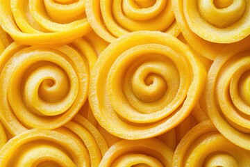 Fototapeta premium Vibrant yellow spirals of fresh mango slices layered beautifully, creating a visually appealing pattern.