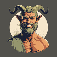 Mythical goat man character smiling with horns and beard on gray background  