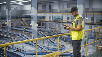 Male in a High Visibility Vest Using Tablet Computer. Multiethnic Man Working in a Modern Large Logistics Center with Automated Belt Conveyors for Sorting Packages