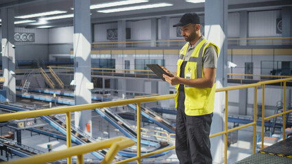 Male in a High Visibility Vest Using Tablet Computer. Multiethnic Man Working in a Modern Large Logistics Center with Automated Belt Conveyors for Sorting Packages
