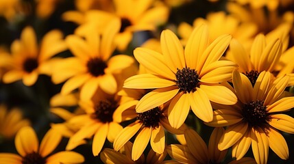 Close-up of vibrant yellow daisy flowers in full bloom with  soft lighting.